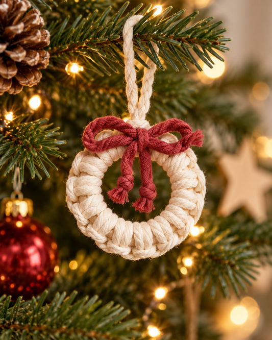 Handmade macrame wreath ornament hanging on a Christmas tree
