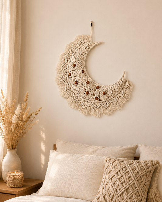 Handmade macrame crescent moon wall hanging with brown wooden beads styled in a neutral boho bedroom