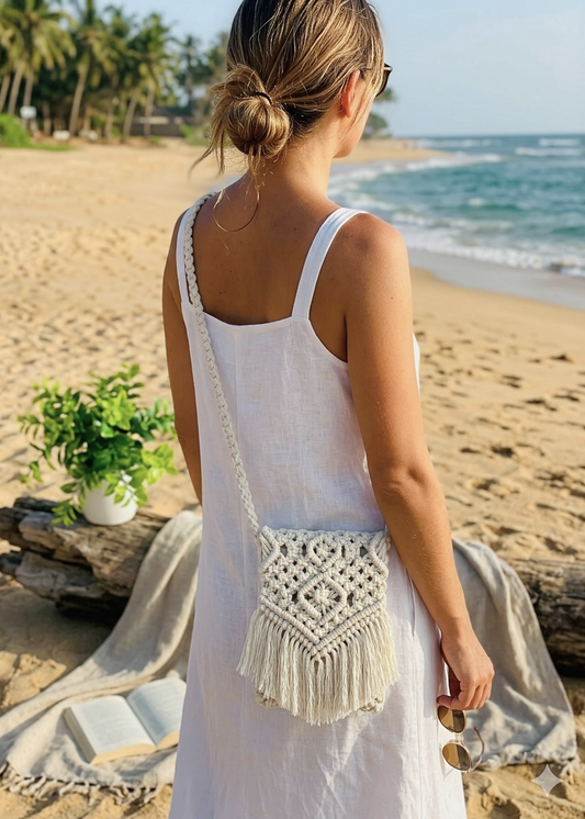 Woman wearing handmade off-white macramé fringe crossbody bag on a sandy beach
