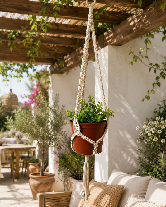 Macrame plant hanger displayed on a covered patio pergola with green plant