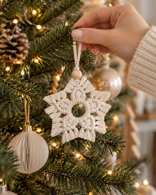 Off white macrame snowflake ornament hanging on a Christmas tree