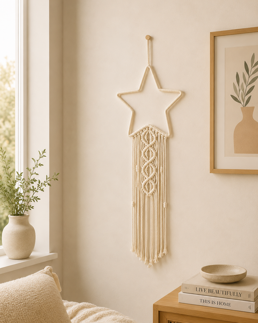 Off white macrame star wall hanging displayed on a bedroom wall in a cosy boho interior