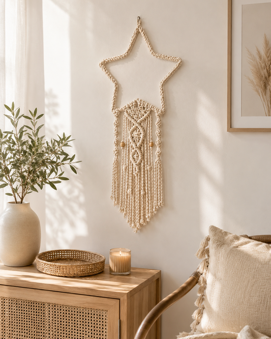 Macrame star wall hanging styled in a neutral boho interior