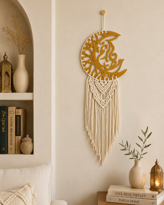 Ramadan Kareem macrame crescent wall hanging displayed in a warm boho home interior.