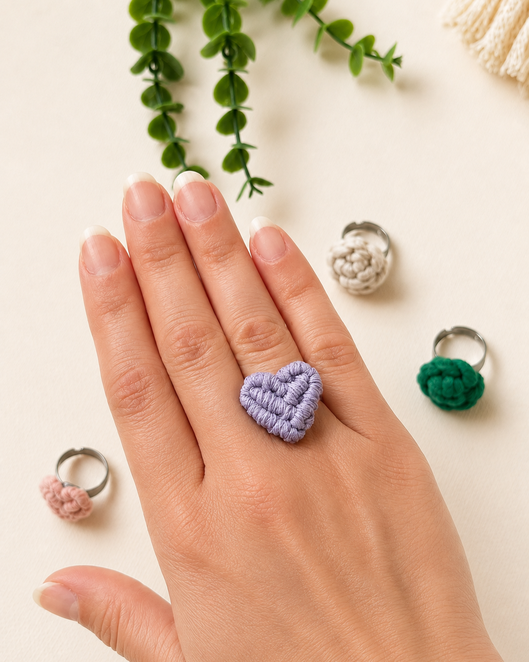 Handmade Macrame Ring | Adjustable Cotton Heart & Flower Ring | Boho Statement Ring for Women & Girls
