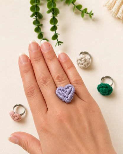Handmade Macrame Ring | Adjustable Cotton Heart & Flower Ring | Boho Statement Ring for Women & Girls