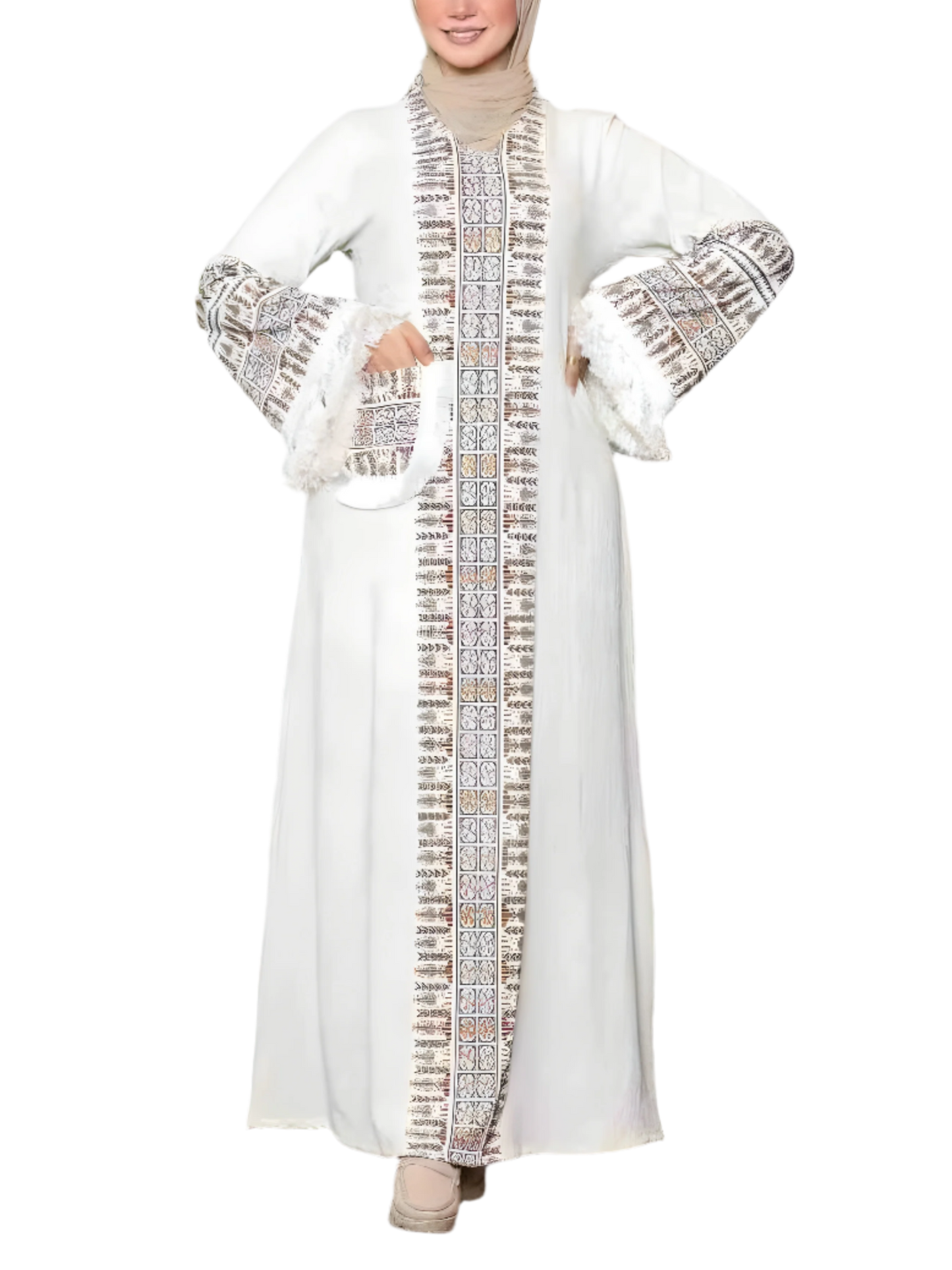 Burgundy Abaya with Embroidered Trim & Fringe Sleeves