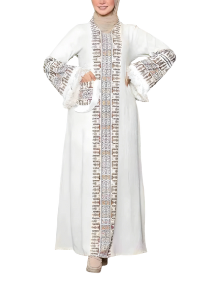 Burgundy Abaya with Embroidered Trim & Fringe Sleeves