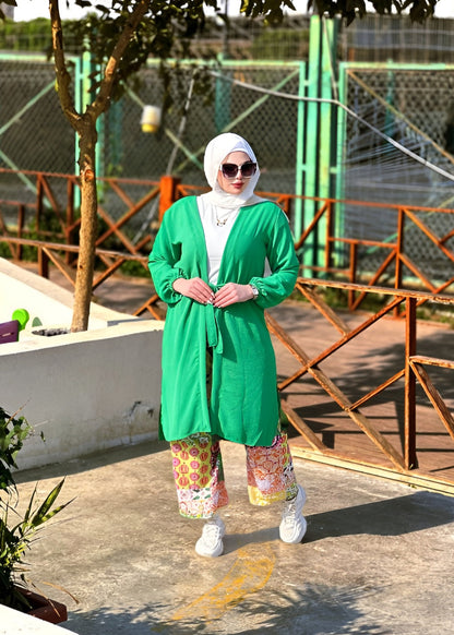 Green Open Cardigan with Printed Pants