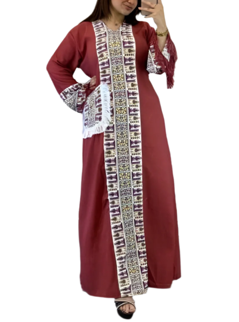 Burgundy Abaya with Embroidered Trim & Fringe Sleeves