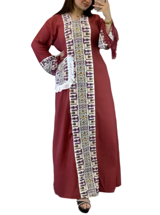 Burgundy Abaya with Embroidered Trim & Fringe Sleeves