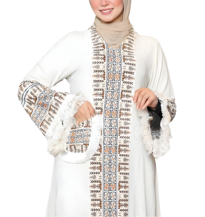 Burgundy Abaya with Embroidered Trim & Fringe Sleeves