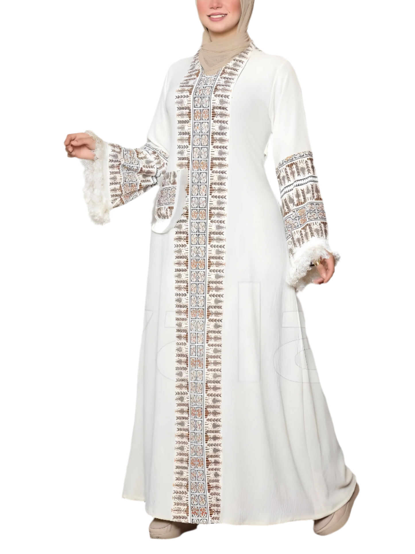 Burgundy Abaya with Embroidered Trim & Fringe Sleeves