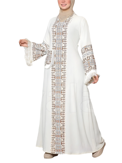 Burgundy Abaya with Embroidered Trim & Fringe Sleeves