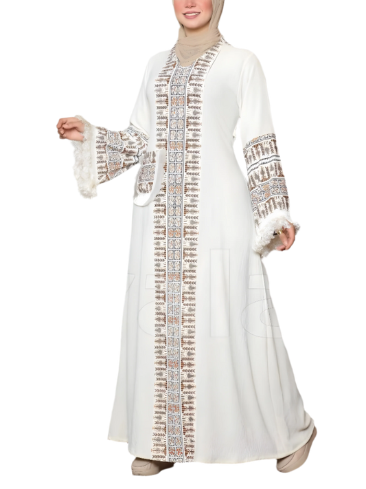 Burgundy Abaya with Embroidered Trim & Fringe Sleeves