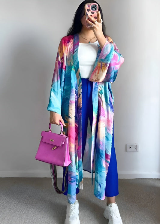 Bold Elegance Three-Piece Set – Vibrant Kimono, Trousers & Cotton Top