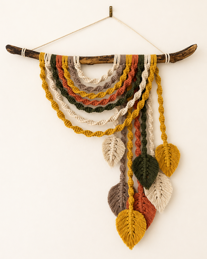 Colourful Macrame Wall Hanging with Leaves | Boho Driftwood Wall Decor