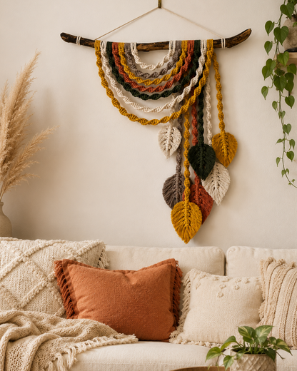 Colourful Macrame Wall Hanging with Leaves | Boho Driftwood Wall Decor