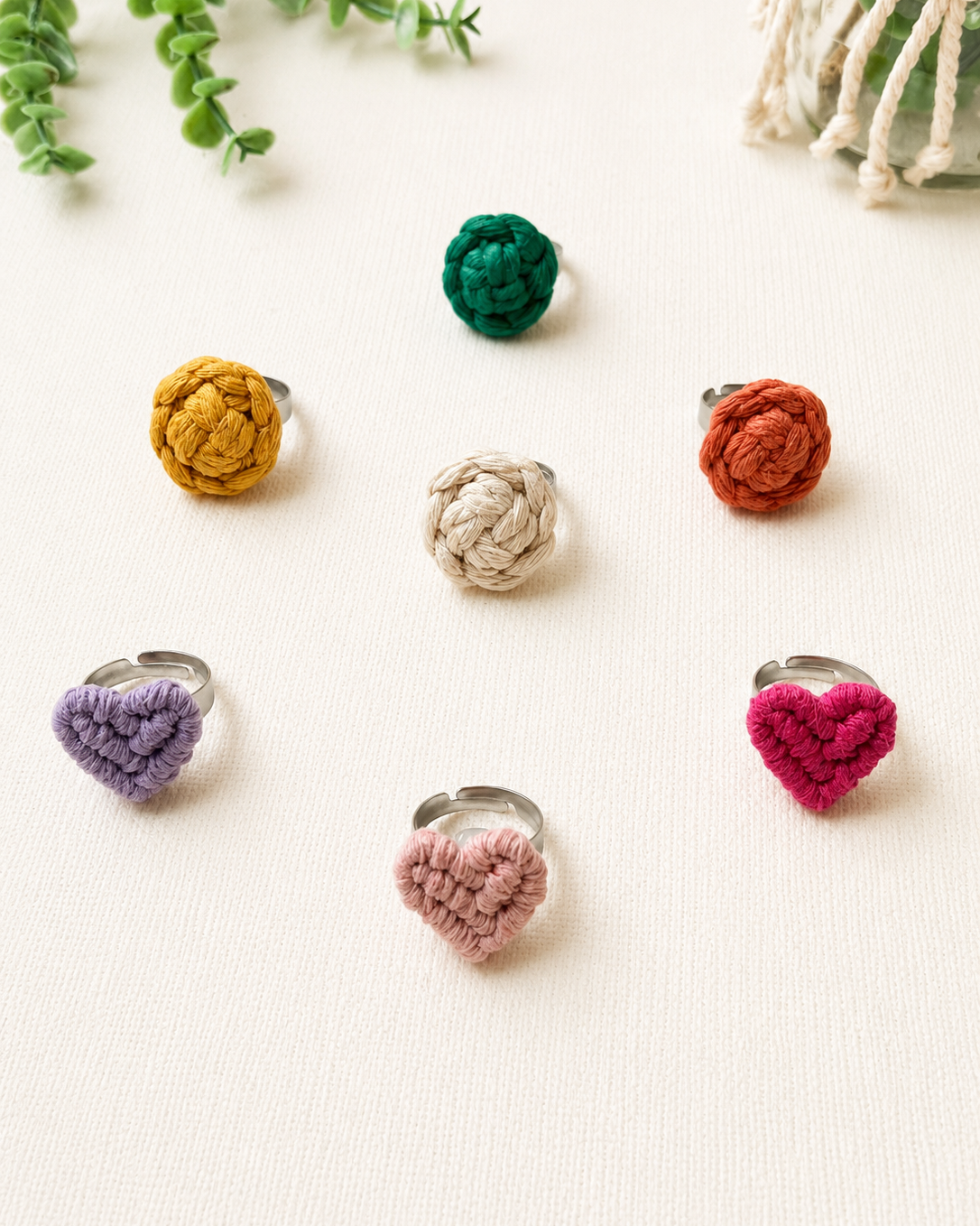 Handmade Macrame Ring | Adjustable Cotton Heart & Flower Ring | Boho Statement Ring for Women & Girls