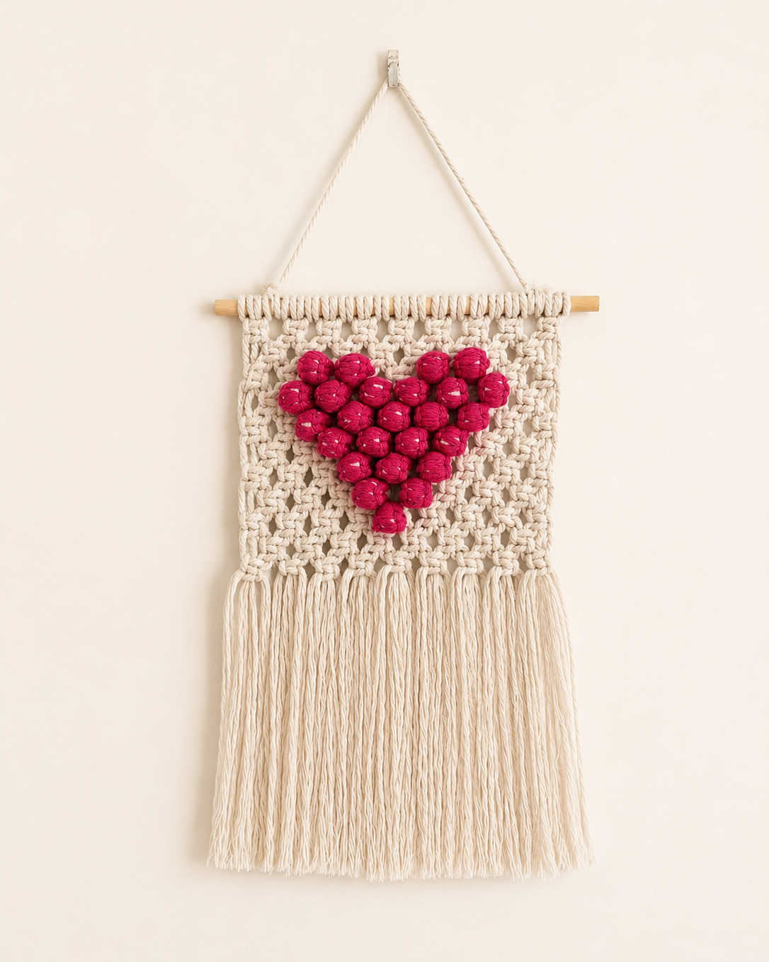 Macrame Heart Wall Hanging – Handmade 3D Pink Heart Boho Decor