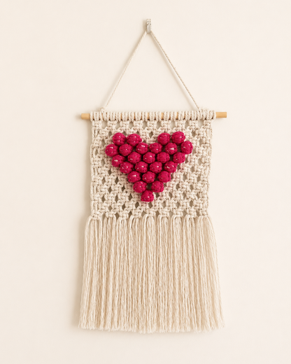 Macrame Heart Wall Hanging – Handmade 3D Pink Heart Boho Decor