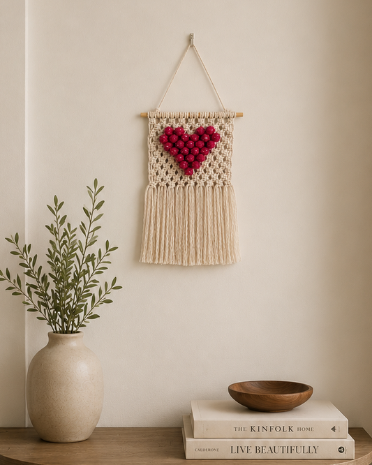 Macrame Heart Wall Hanging – Handmade 3D Pink Heart Boho Decor