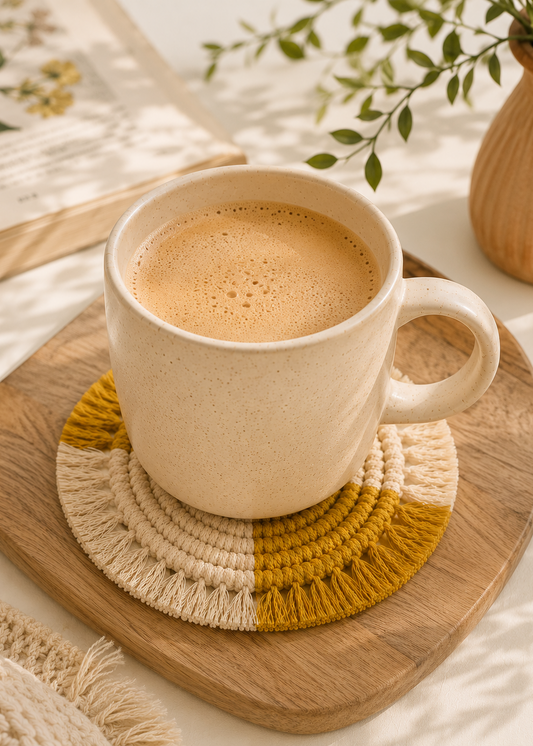 White mug of coffee on a woven coaster with a wooden tray, plant, and floral fabric in the background.