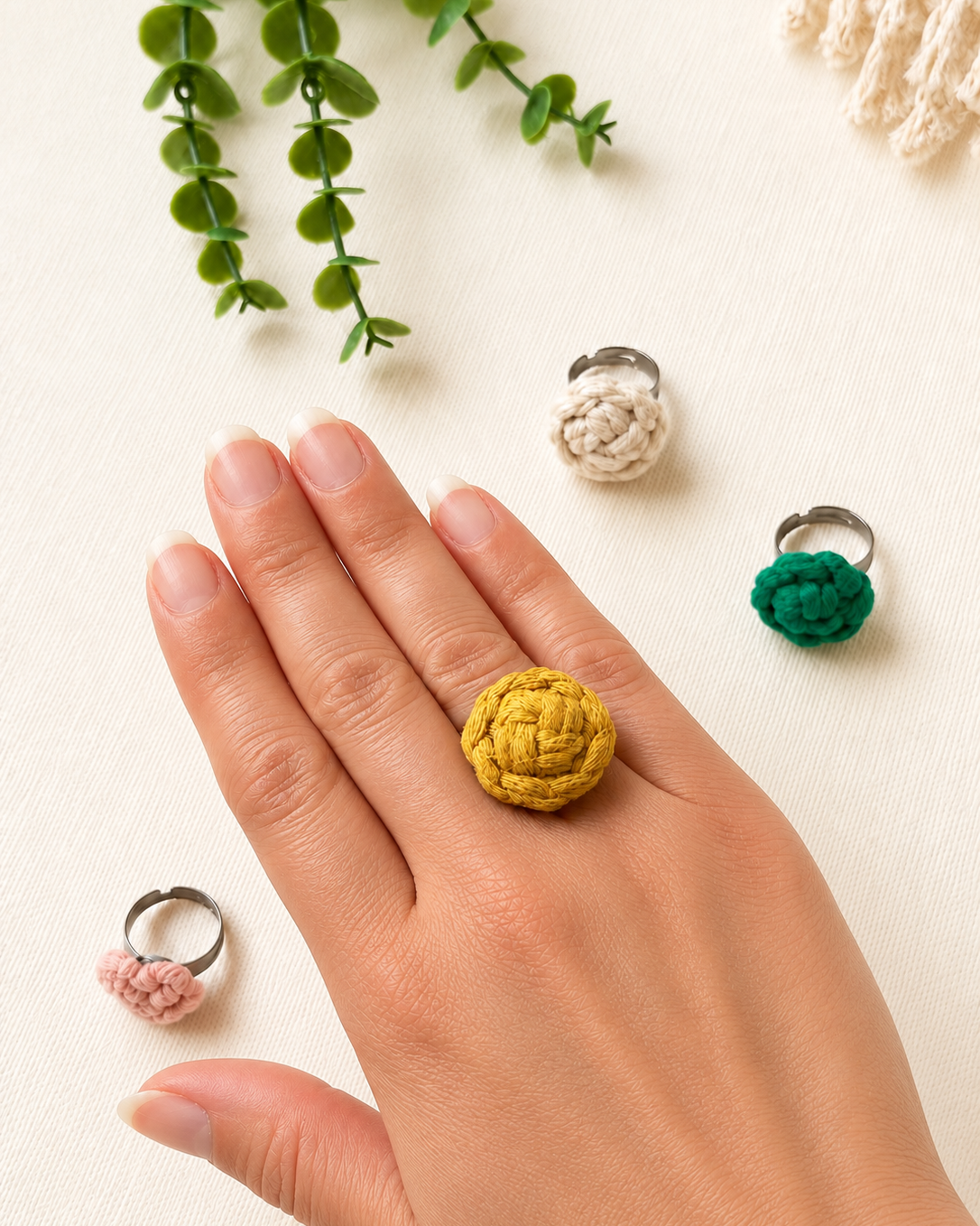 Handmade Macrame Ring | Adjustable Cotton Heart & Flower Ring | Boho Statement Ring for Women & Girls
