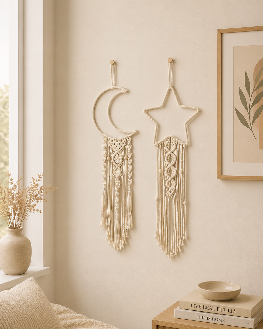 Macrame star and moon wall hanging set in off white cotton displayed as boho nursery wall decor