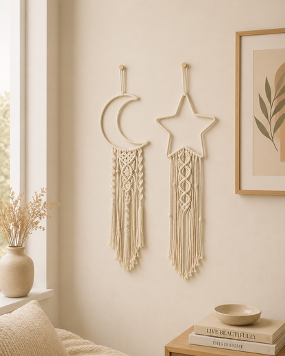 Macrame star and moon wall hanging set in off white cotton displayed as boho nursery wall decor