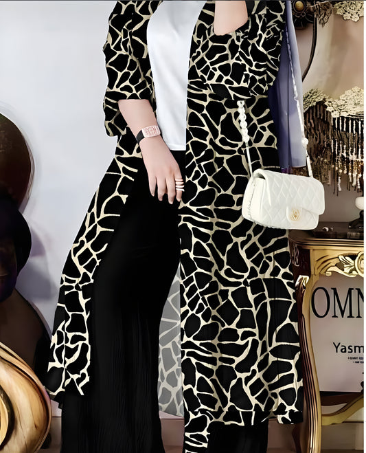 Animal Print Three-Piece Set – Cardigan, Top & Trousers