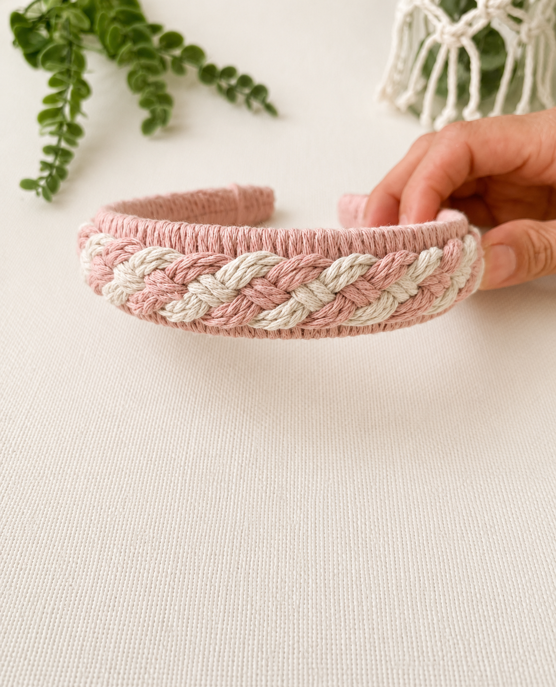 Handmade blush pink and off-white braided macrame headband
