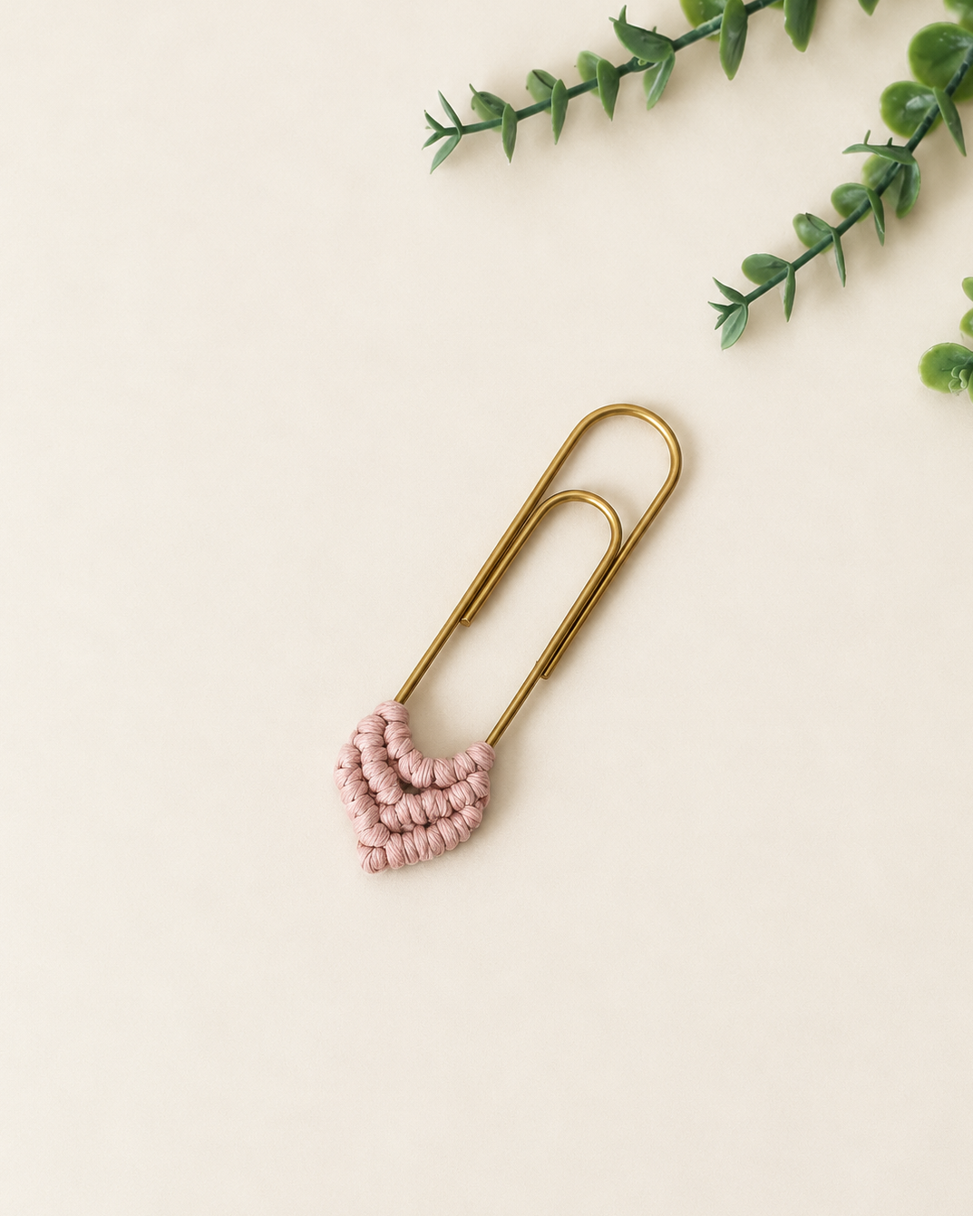 Blush pink handmade macrame heart bookmark with gold paper clip
