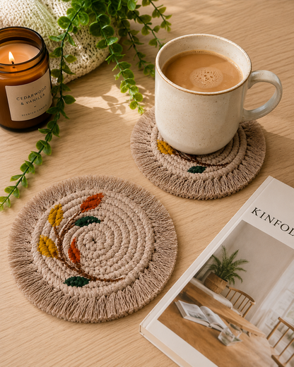 Boho floral macrame coasters set of 2 styled with a coffee mug and candle on a wooden table for cosy boho home decor.