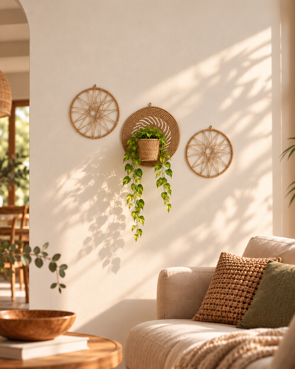 Boho jute wall decor set with trailing plant styled in a warm neutral living room