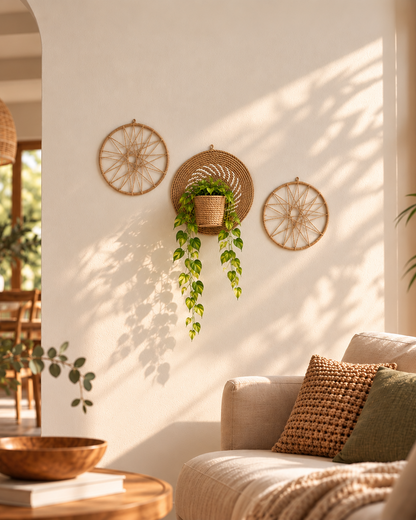 Boho jute wall decor set with trailing plant styled in a warm neutral living room
