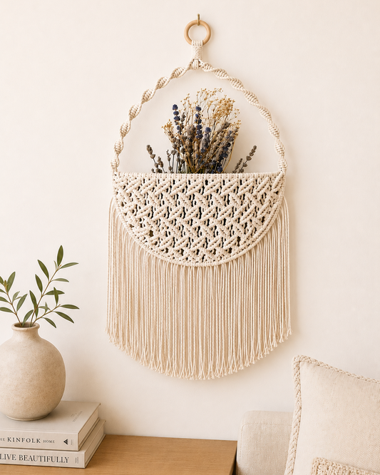 Handmade double-sided macrame wall pocket displayed in a cosy boho living room with dried lavender.