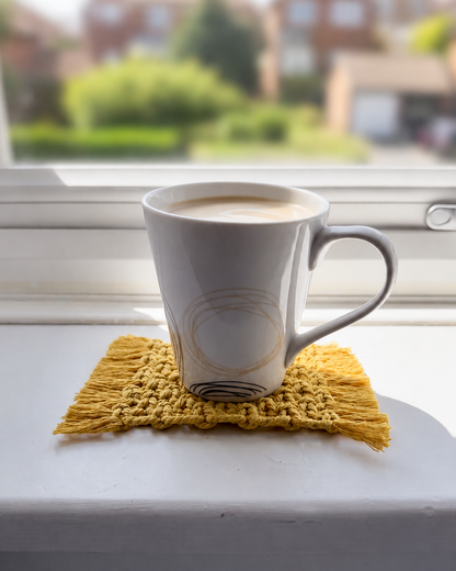 Boho mustard macrame mug rug for coffee mugs and cosy homes.