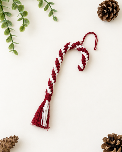 Handmade burgundy and cream macrame candy cane Christmas ornament