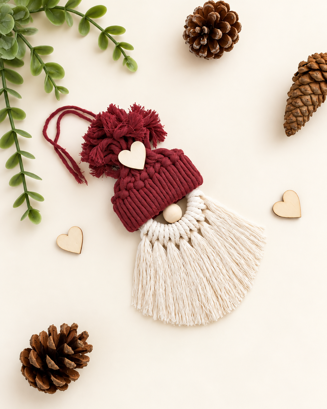Handmade burgundy macrame gnome Christmas ornament