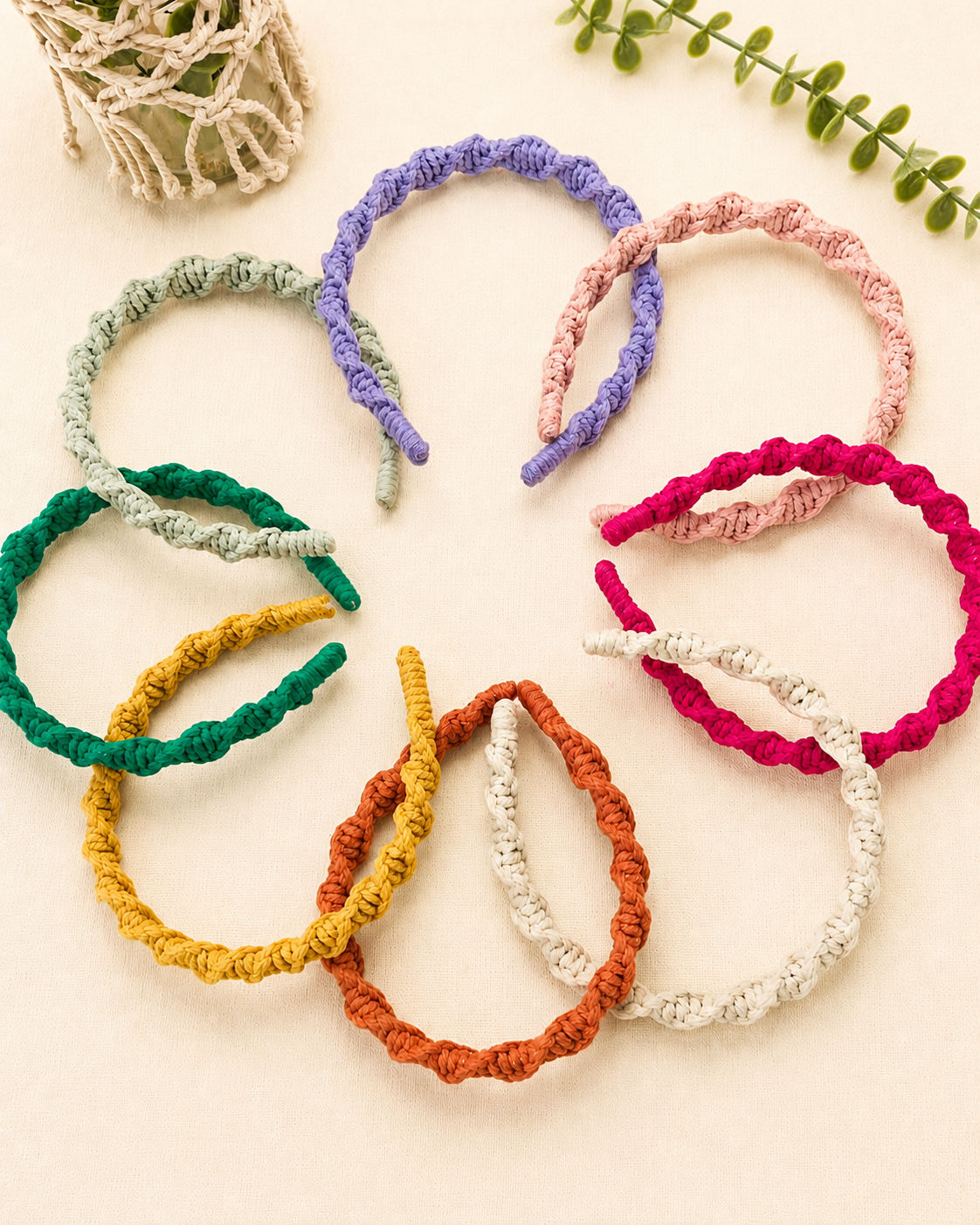 Colourful handmade spiral macrame headbands in cotton cord
