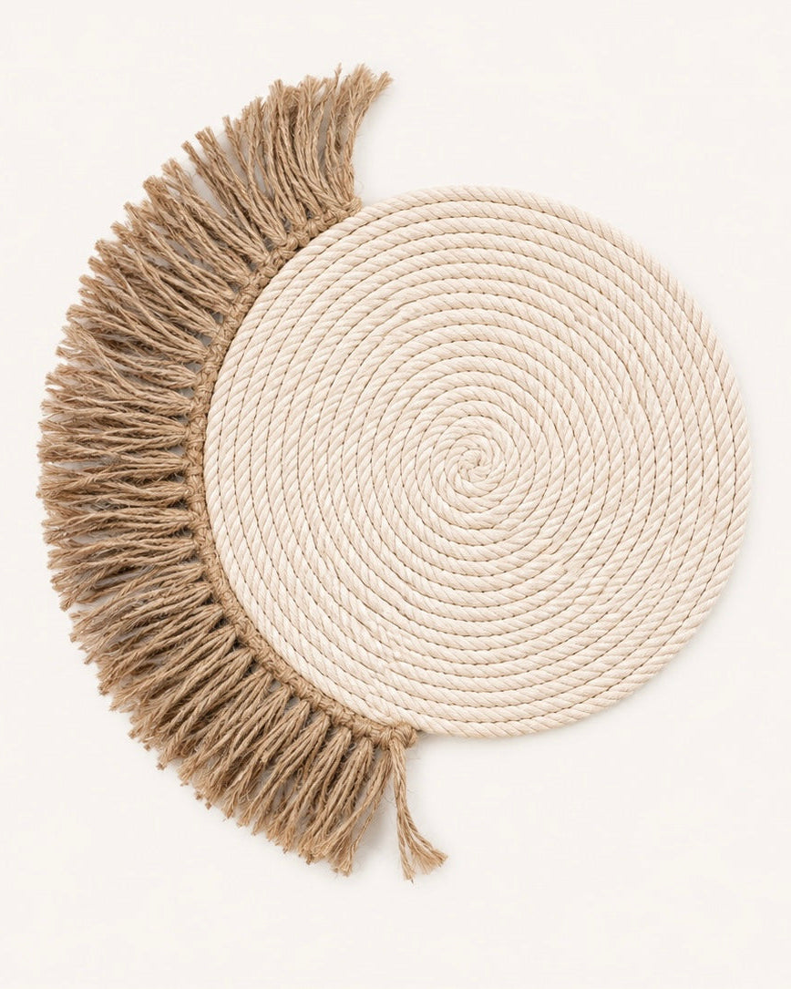Handmade off-white cotton spiral wall decor with natural jute fringe