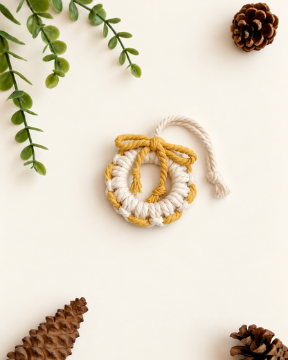 Cream macrame Christmas wreath ornament with mustard yellow bow