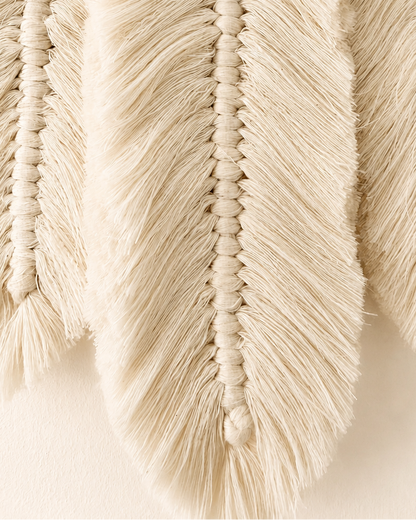 Close-up of soft hand-knotted Egyptian cotton macrame feather texture