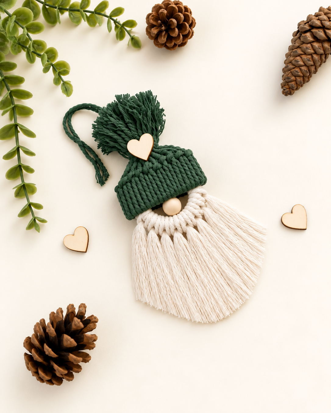 Handmade forest green macrame gnome Christmas ornament