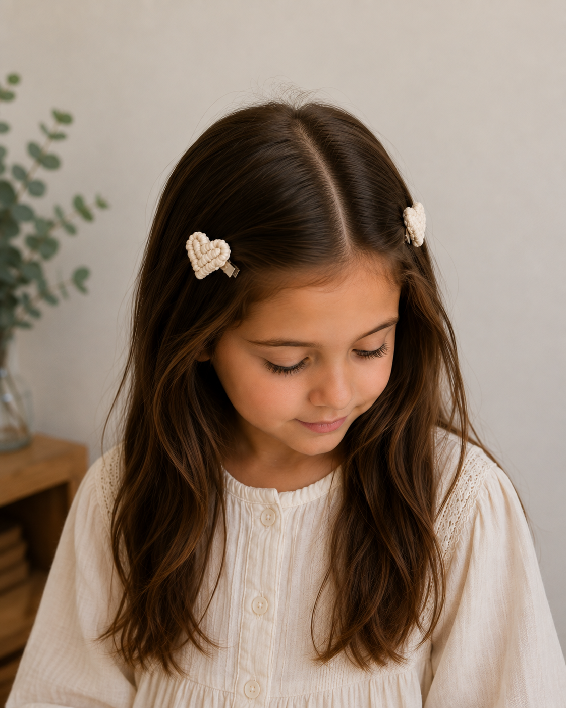 Young girl wearing matching handmade macrame heart hair clips on both sides of her hair.