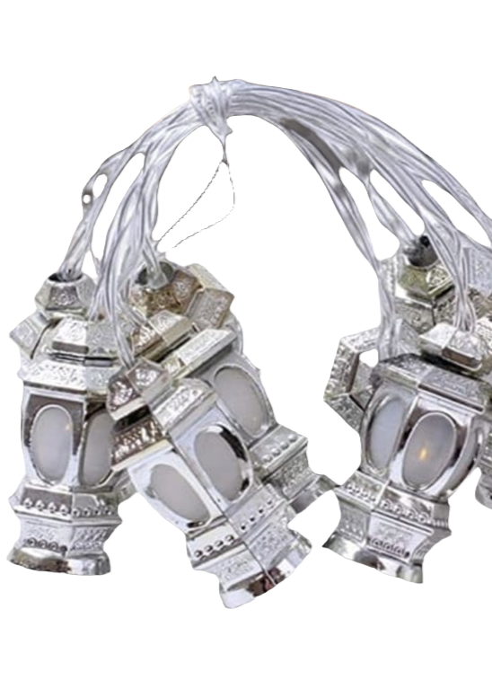 Decorative Ramadan String Lights – Silver Lantern Pattern LED (Europlug 220–110V)