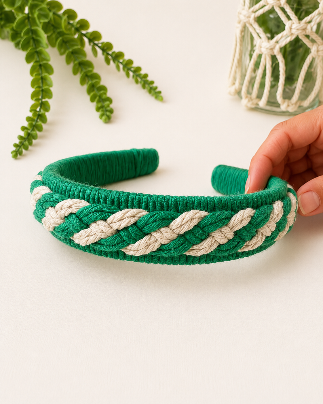 Handmade emerald green and off-white braided macrame headband