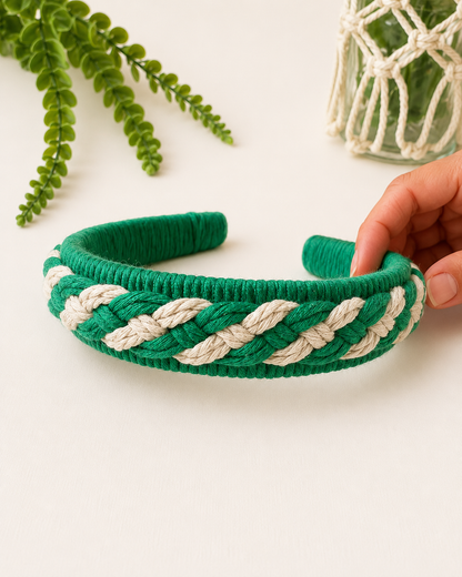 Handmade emerald green and off-white braided macrame headband