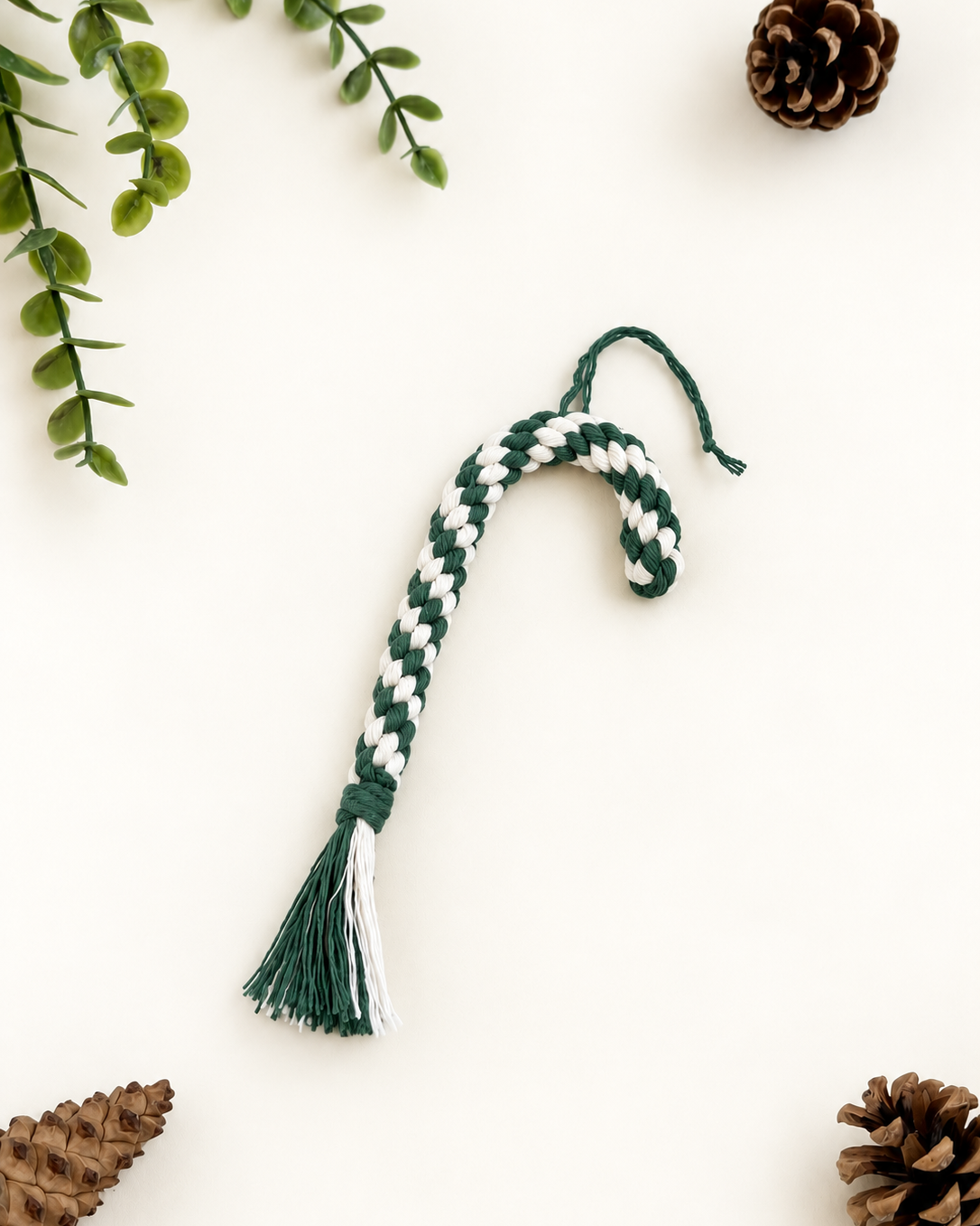 Handmade green and cream macrame candy cane Christmas ornament